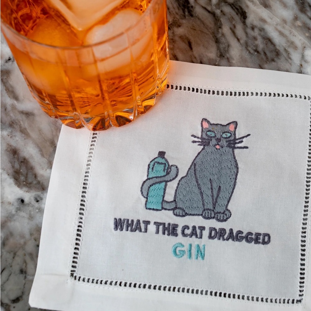 Set of 4 August Morgan “What The Cat Dragged Gin” Cotton Cocktail Napkins